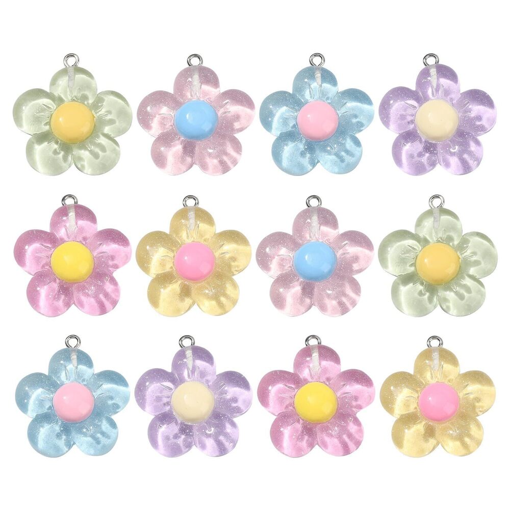 1067 60pcs Resin Flower Charms - Transparent Colorful 5-Petal Floral